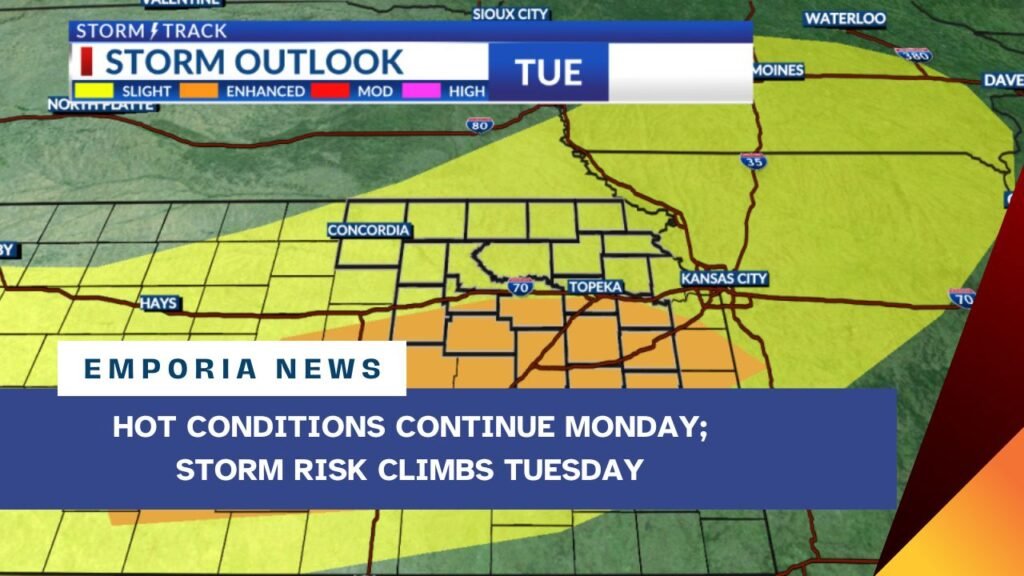 Hot conditions continue Monday; storm risk climbs Tuesday