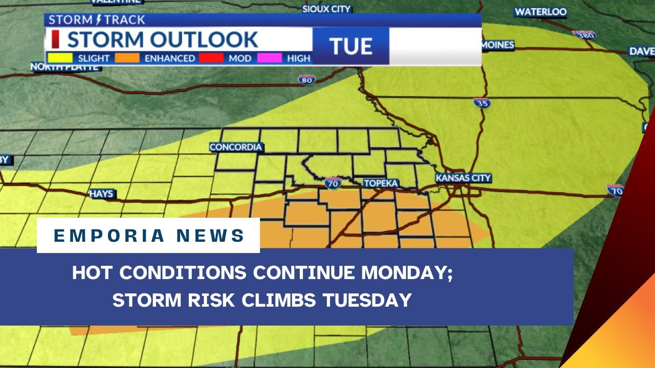 Hot conditions continue Monday; storm risk climbs Tuesday